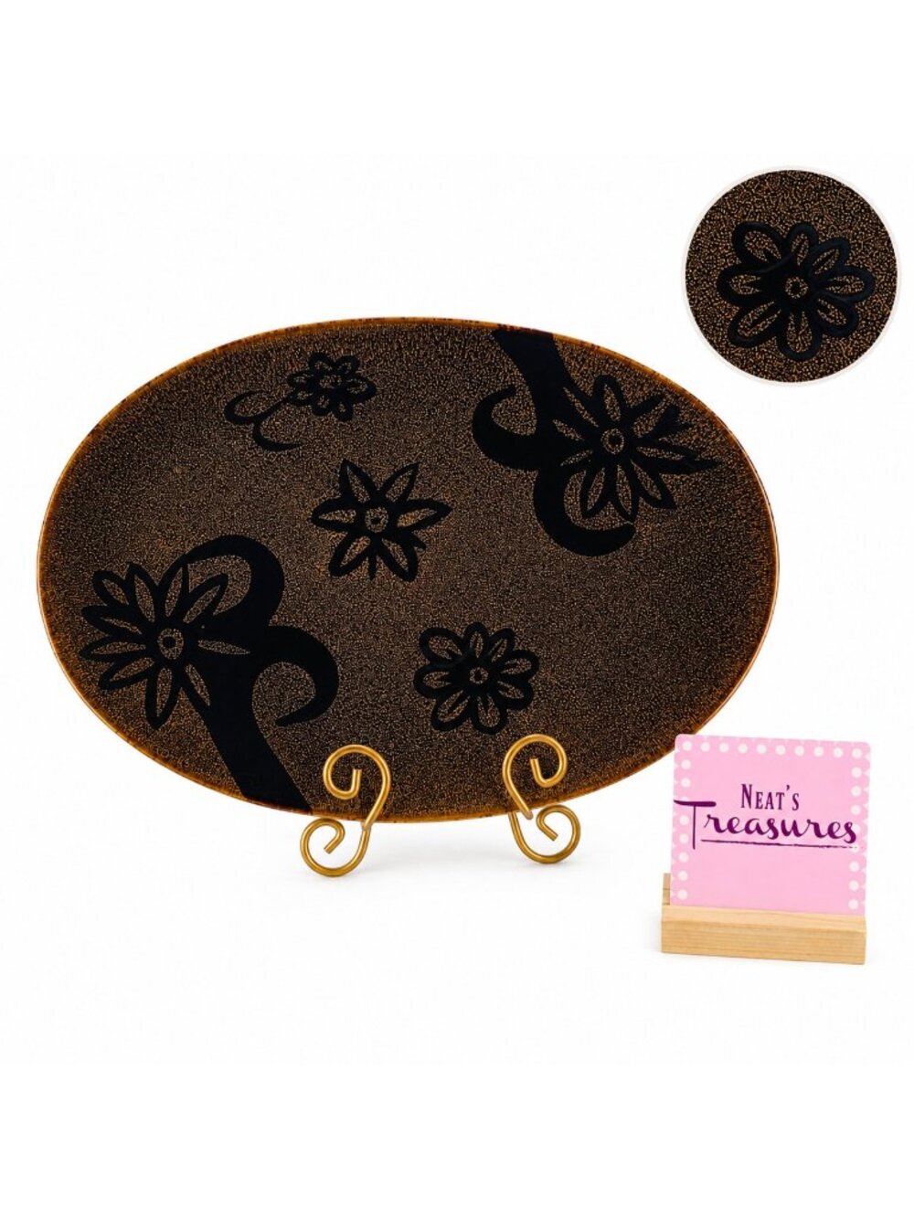 Foreside ECO GARDEN Stoneware Large Oval Floral Brown Speckled Serving Platter